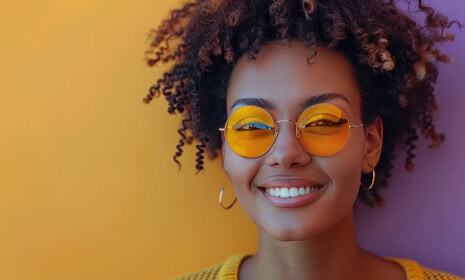 A headshot of a woman smiling wearing round yellow sunglasses.