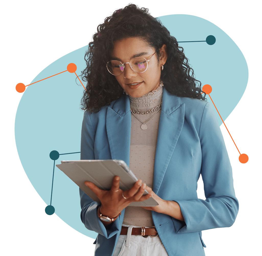 Woman reviewing qualitative research on an ipad